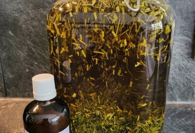 Flasche mit Steinkleeöl, großes Ansatzgefäß